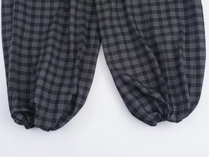 Women's 2025 Autumn Fashion Versatile Ramie Bloomers Plaid Printed Loose Pants Female High-Waist Drawstring Casual Trousers