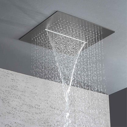 Sistema de chuveiro de latão Gunmetal luxuoso para banheiro com display de temperatura LED embutido no teto, 2 funções (chuva/cascata)