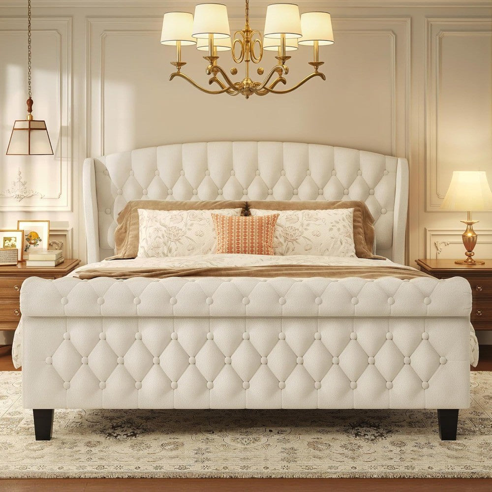 Cama Queen, Estrutura de Cama Estofada em Veludo de 99cm de Altura com Cabeceira e Peseira em Sleigh, Não Requer Box Spring,