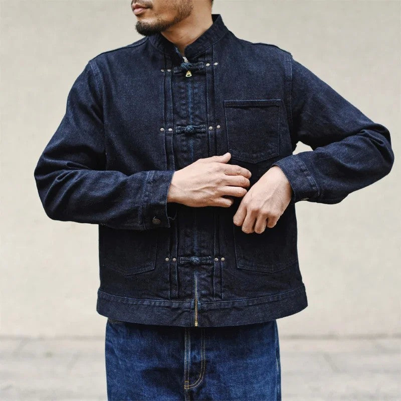 Sauce Zhan Mens Jacket Indigo Selvedge Denim Jacket Jean Jacket Men Vintage Chinese Style Knot Button Loose Fit