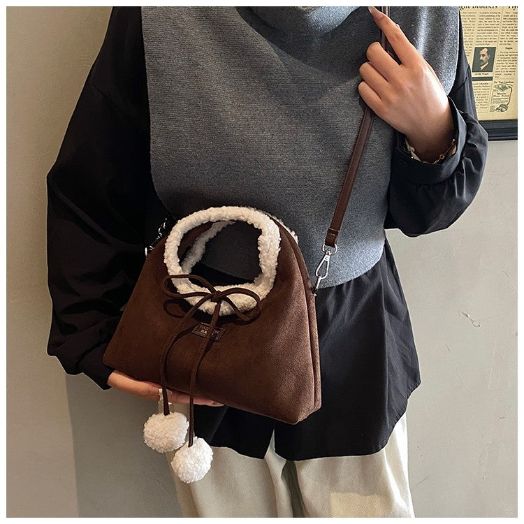 Faux Suede Solid Color Bow Hairy Cute Women's Handbags Christmas Gift Giving Fashion Bags 2025 Autumn/winter New Shoulder Bags