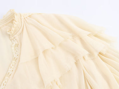 ZEAINS Beige French V-neck lace ruffle court style chiffon long sleeved shirt top for women in autumn