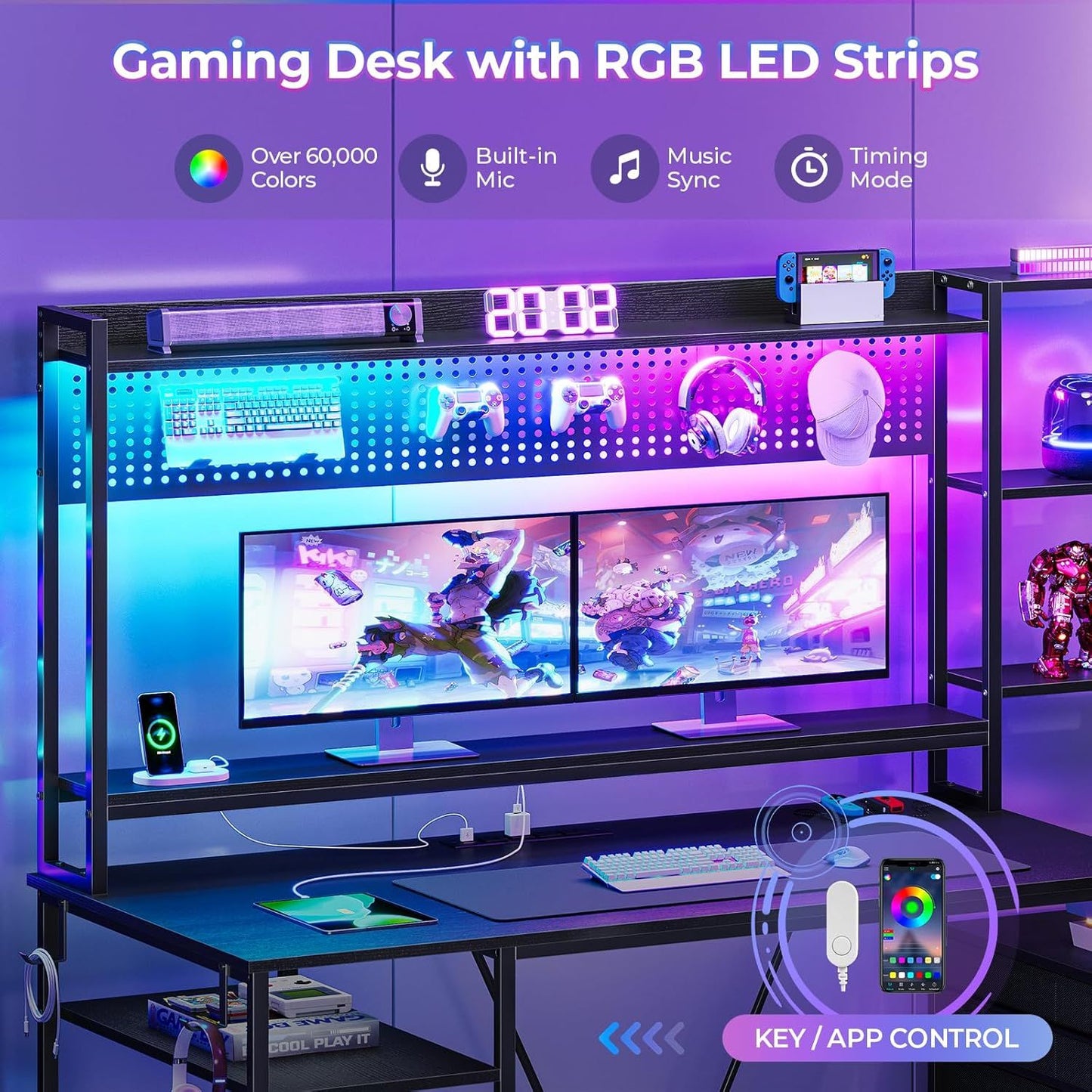 Gaming Desk with Hutch, 65in Reversible Computer Desk with Power Outlets LED Light, Home Office Desk with Monitor