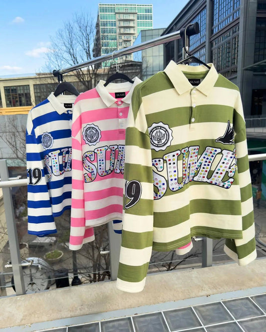 New Sume Gem Stone Embroidery Rugbys Long Sleeved T-shirt Men Women Harajuku Hip Hop Stripe Polo Shirt Classics Lapel Neck Shirt