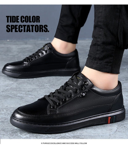 Spring Autumn Genuine Leather Shoes Men Footwear Soft Cowhide Casual Flat Brand Pure Black