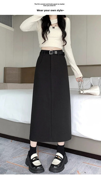 Grey High-waisted A- line Skirt Half Dress Petite Long Dress Autumn/winter For Women Side Slit Workwear