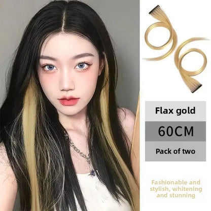 Tiras de coloração para mechas presas na orelha, extensões de cabelo coloridas de uma peça para cabelos longos femininos, adesivos invisíveis de peruca sintética