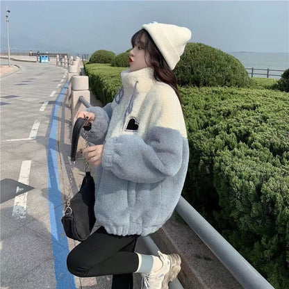 Plus Size Ladies Thickened Lamb Velvet Jacket Autumn Winter Loose Fit Splicing Cotton Coat Korean Style High School Student F...