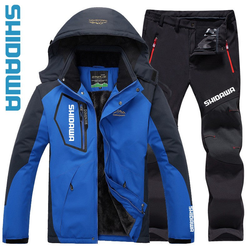 Traje de Pesca de Inverno Corta-Vento Impermeável Soft Shell Masculino Tamanhos Grandes com Capuz Acolchoado de Veludo Quente + Conjunto de Calças de Pesca para Caminhada