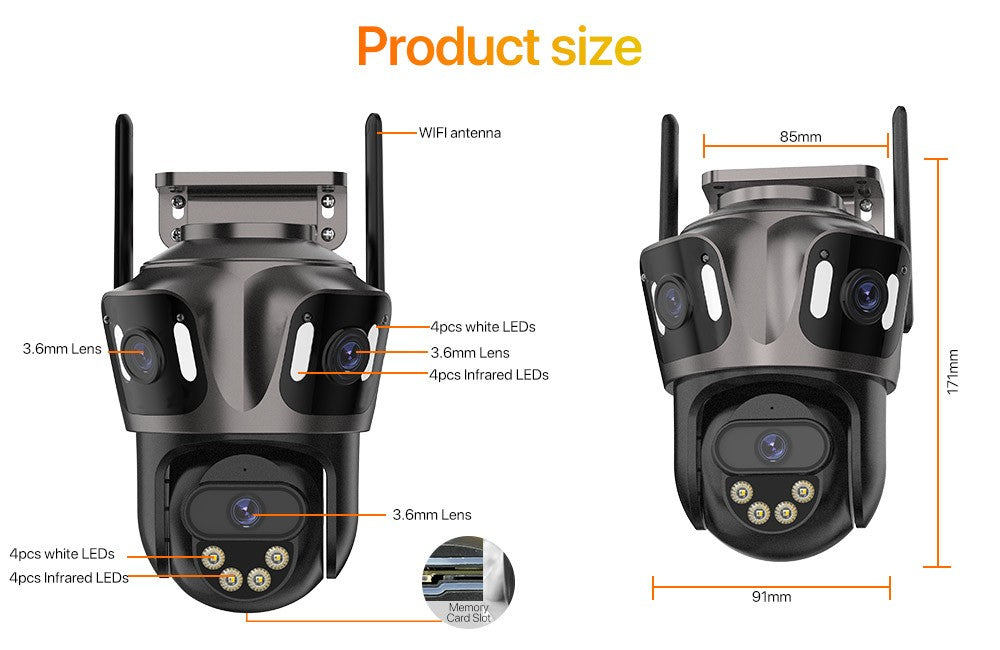Câmera IP WIFI de Três Telas Externa 4K Lente Dupla Câmera PTZ Detecção Humana por IA Câmera de Segurança de Vídeo CCTV IP66 à Prova D'água iCsee