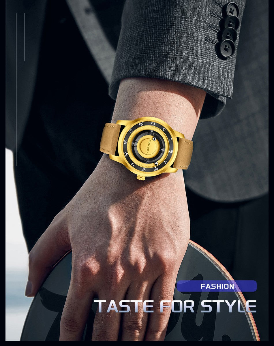 FOXBOX Fashion Unique Dial Man Watch Leather Casual Sports Srolling Bead Magnetic Force Waterproof Quartz Watches for Men Clocks