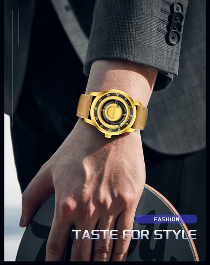 FOXBOX Fashion Unique Dial Man Watch Leather Casual Sports Srolling Bead Magnetic Force Waterproof Quartz Watches for Men Clocks