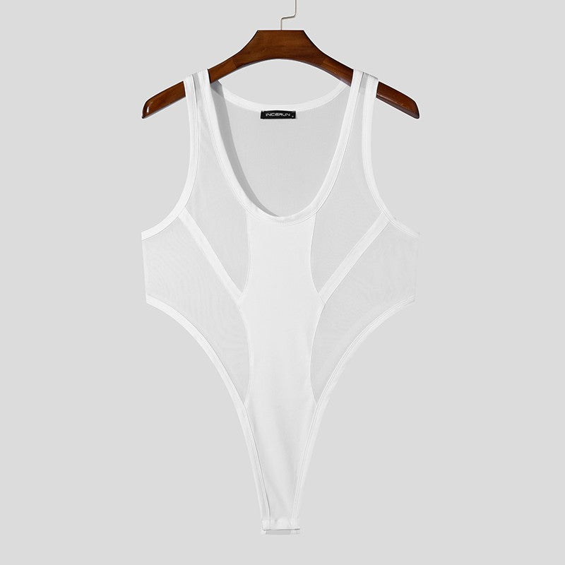 INCERUN American Style Bodysuits Fashion Mens Mesh Splicing Side High Slit Triangle Jumpsuits Sexy Homewear Sleeveless Jumpsuits