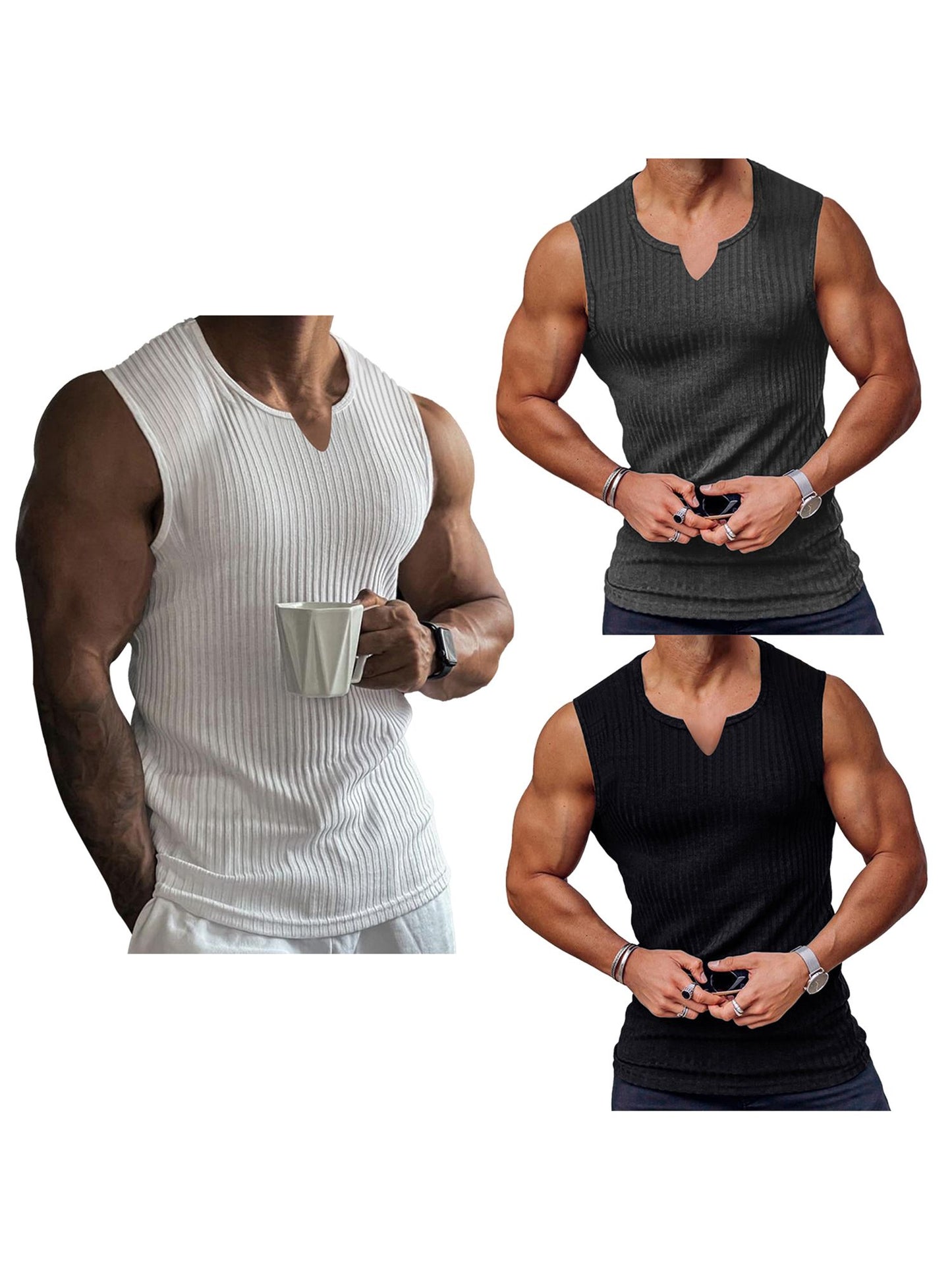 Men s Breathable Sleeveless Gym Tank Tops Summer Workout Muscle Shirts Notched Neck Bodybuilding Fitness Vests