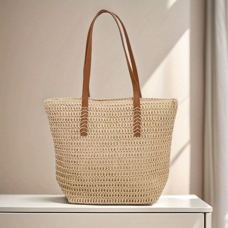 Fashionable and Versatile Women's Woven Bag with Zipper for Travel, Large Capacity Beach Bag, Handbag