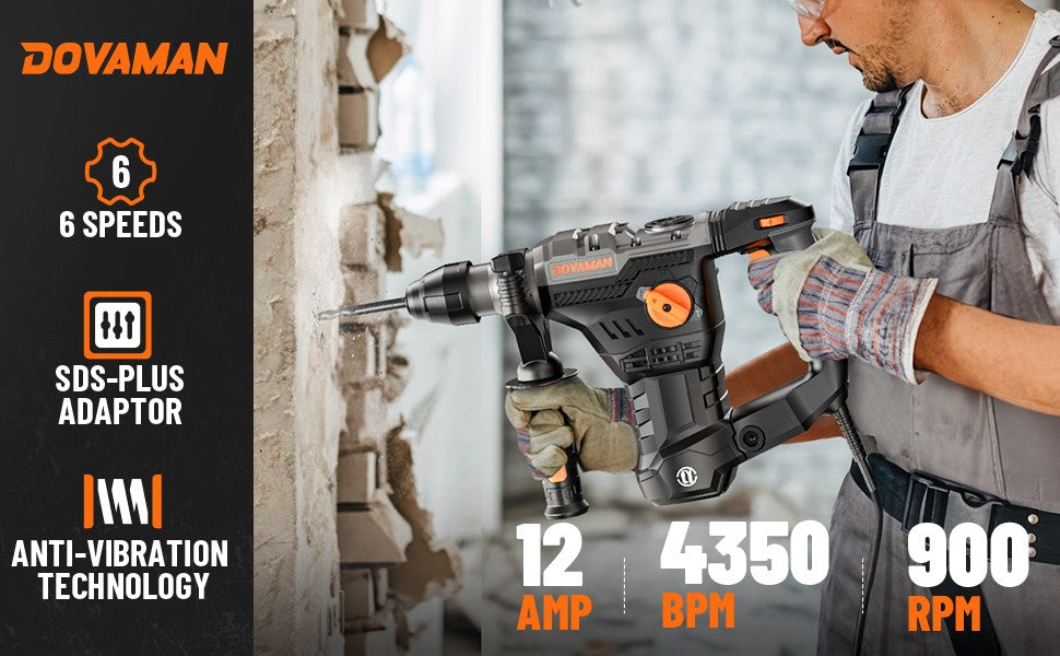 DOVAMAN Martelete Rotativo SDS-Plus 1-9/16", Furadeira de Impacto 12,5A, Embreagem de Segurança, Controle de Vibração, para Concreto