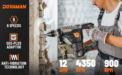 DOVAMAN Martelete Rotativo SDS-Plus 1-9/16", Furadeira de Impacto 12,5A, Embreagem de Segurança, Controle de Vibração, para Concreto