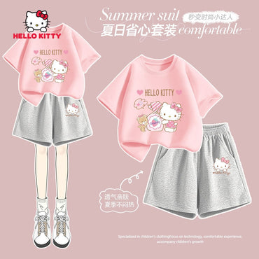 Sanrio Summer Baby Girls 100% Cotton Clothes Set Kid Children Cute Hello Kitty Printed Short Sleeve T-shirts Top And Shorts Suit