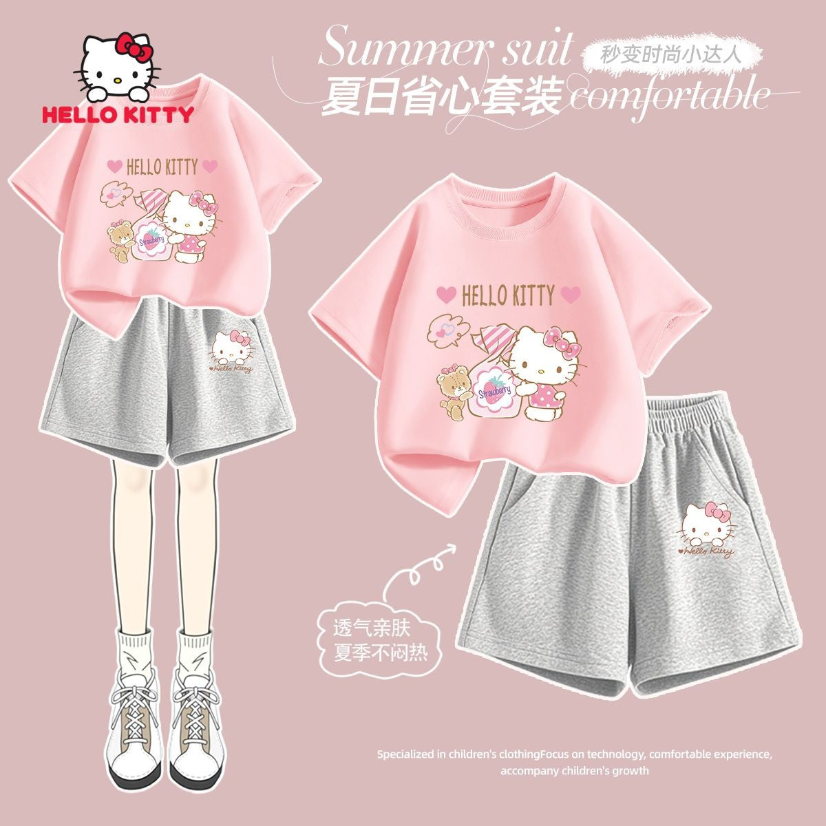 Sanrio Summer Baby Girls 100% Cotton Clothes Set Kid Children Cute Hello Kitty Printed Short Sleeve T-shirts Top And Shorts Suit