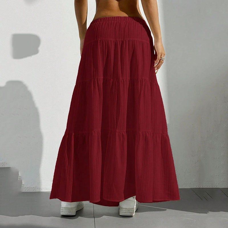 Summer Women White Long Skirt Solid Basic Lace Up Bow Low-Waisted Big Swing Skirts Female Street Casual Loose Spliced Maxi Dress