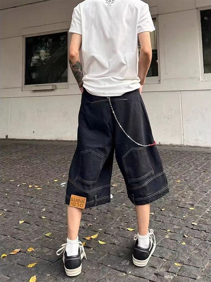 Hip Hop Retro Waist Inverted Design Men Denim Shorts Instagram Gothic Street Apparel Loose Straight Leg Pants Sports Pants