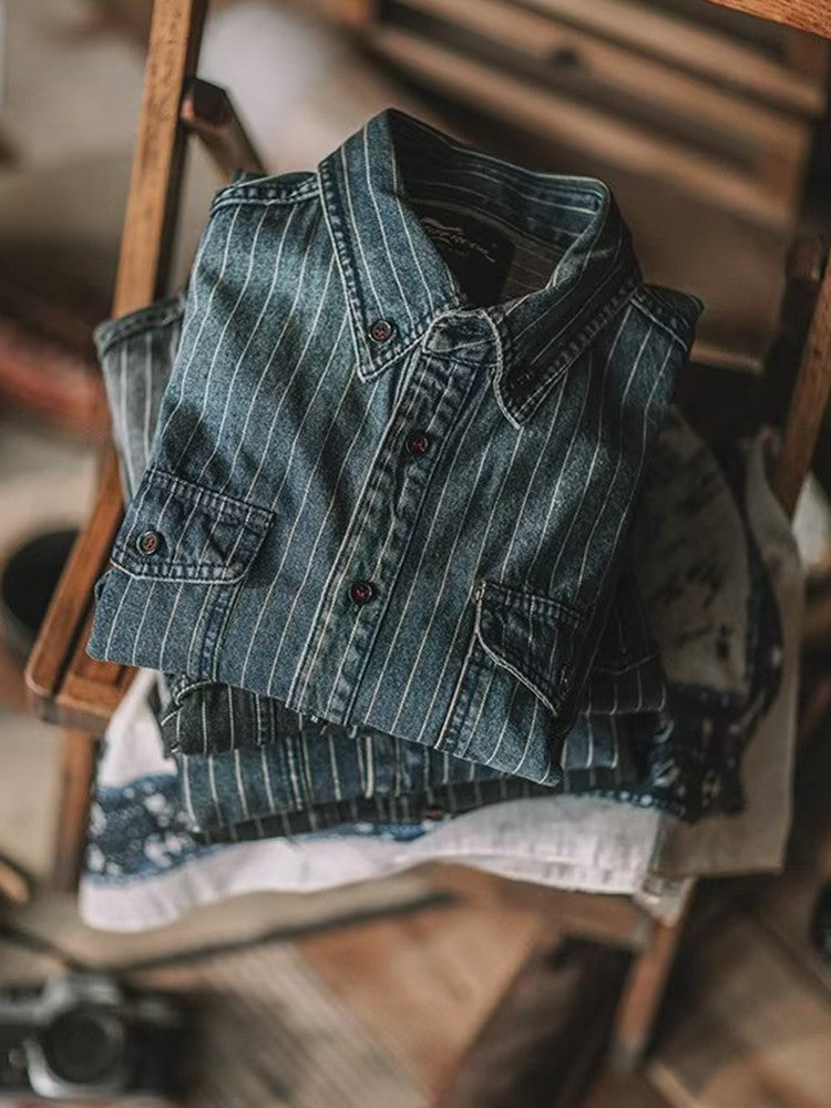 Streetwear Men's Denim Shirts Casual Long Sleeve Buttoned Lapel Striped Blouse Shirt for Men Spring Casual Cargo Shirt Tops