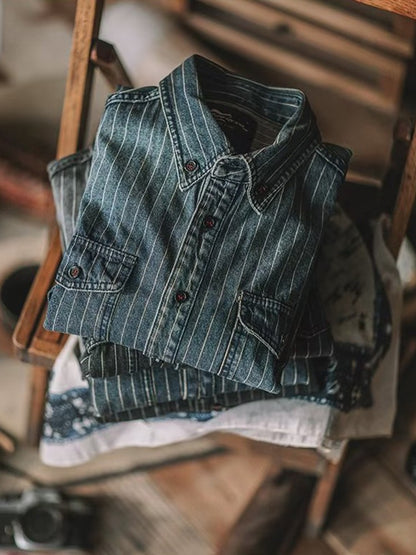 Streetwear Men's Denim Shirts Casual Long Sleeve Buttoned Lapel Striped Blouse Shirt for Men Spring Casual Cargo Shirt Tops