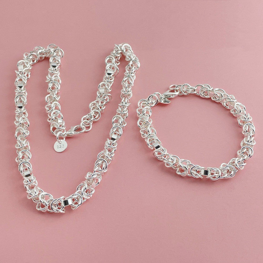 925 Sterling Silver Jewelry Set Braided Multi-ring Shrimp Clasp Necklace Bracelet Set Women's Fashion Simple Party Jewelry Gift