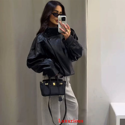 KONDALA Casual Chic Black Leather Jackets Women Long Sleeve Buttons Elastic Oversized Coats Fashion 2025 Fall Streetwear Coats