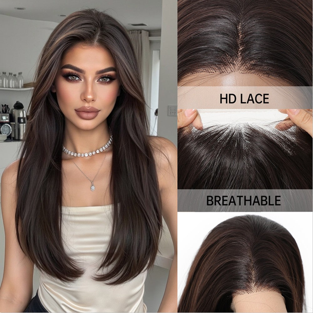 HENRY MARGU Perucas Sintéticas Front Lace 13x4 Cabelo Liso Sedoso Longo Peruca Marrom Escuro para Mulheres 55 cm Resistente ao Calor Uso Diário