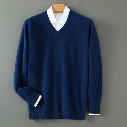 Autumn And Winter New Warm Pure Mink Cashmere Sweater Men's V-neck Pullover Thickened Plus Size Knitted Bottoming Shirt
