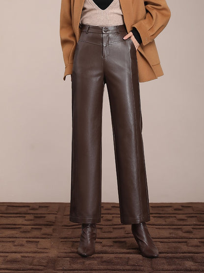 ZUZK Winter Pu Leather Pants New Elastic Waist Straight Pants PU Leather Trousers Large Size Fashion Warm Long Pants