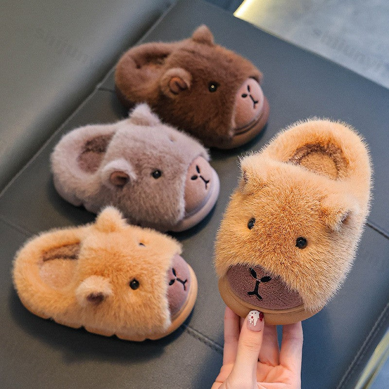 Capybara Children Slippers 2025 Winter New Cute Fluffy Cotton floor shoes woman Warm Indoor Cartoon Plush Floor Home Slippers