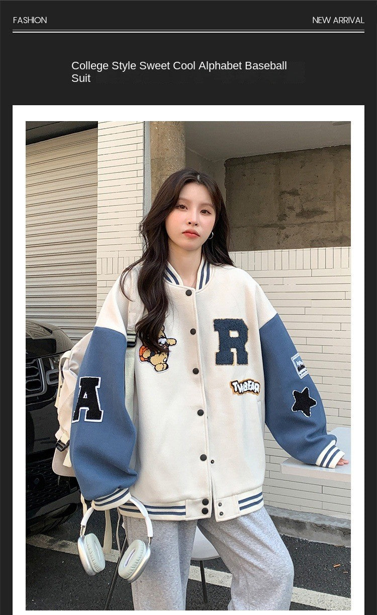 New Autumn and Winter Padded Baseball Jersey Women American Retro Loose Sweater Women Jacket