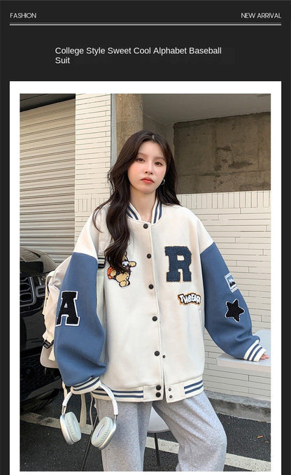 New Autumn and Winter Padded Baseball Jersey Women American Retro Loose Sweater Women Jacket