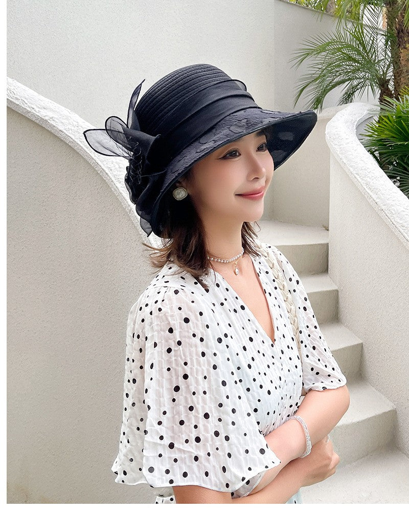Novos Chapéus Fascinators Femininos Chapelaria Elegante Laço Aba Larga Chapéu Bucket Fedora Feminino Boné de Sol Dobrável de Verão Presente