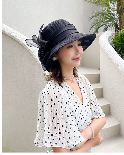 Novos Chapéus Fascinators Femininos Chapelaria Elegante Laço Aba Larga Chapéu Bucket Fedora Feminino Boné de Sol Dobrável de Verão Presente