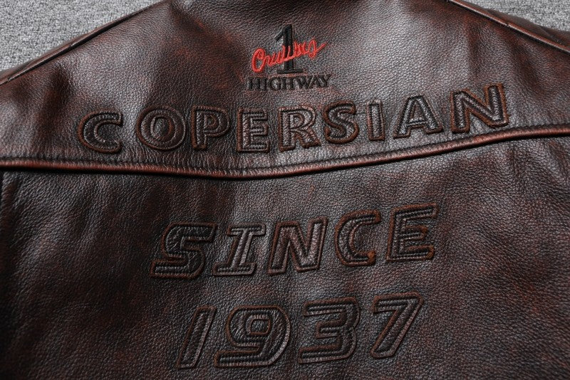 Fashionable Men's Motor Jacket Genuine Cow Leather Coat Male Outerwear Windbreaker Spring Autumn Cloth with Epaulet Brown