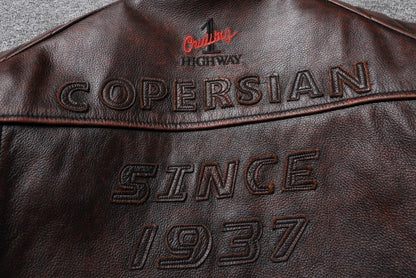 Fashionable Men's Motor Jacket Genuine Cow Leather Coat Male Outerwear Windbreaker Spring Autumn Cloth with Epaulet Brown