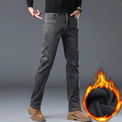 Calça Jeans Masculina de Inverno Slim Reta Elástica Jeans Casual Masculino Roupa Moda Calça Pelúcia Nova Moda Jeans Quente