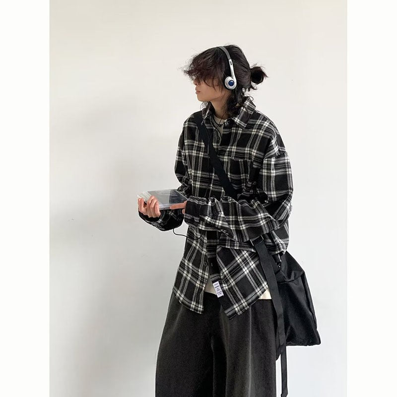 Japanese Cargo Shirt Men Women Vintage Black White Checkered Loose Long-sleeved Tops Spring Casual Lapel Unisex Oversize Shirts