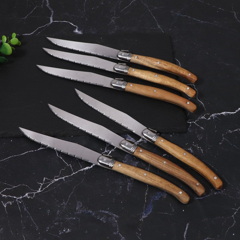 Wood Handle Laguiole Steak Knives Set Sharp Serrated Blade Dinner Knife Cutlery Stainless Steel Table Knives Kitchen 6/8/12pcs
