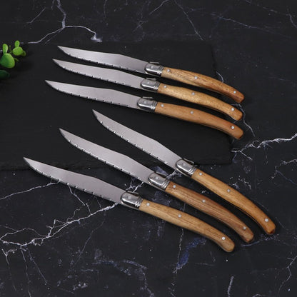 Wood Handle Laguiole Steak Knives Set Sharp Serrated Blade Dinner Knife Cutlery Stainless Steel Table Knives Kitchen 6/8/12pcs