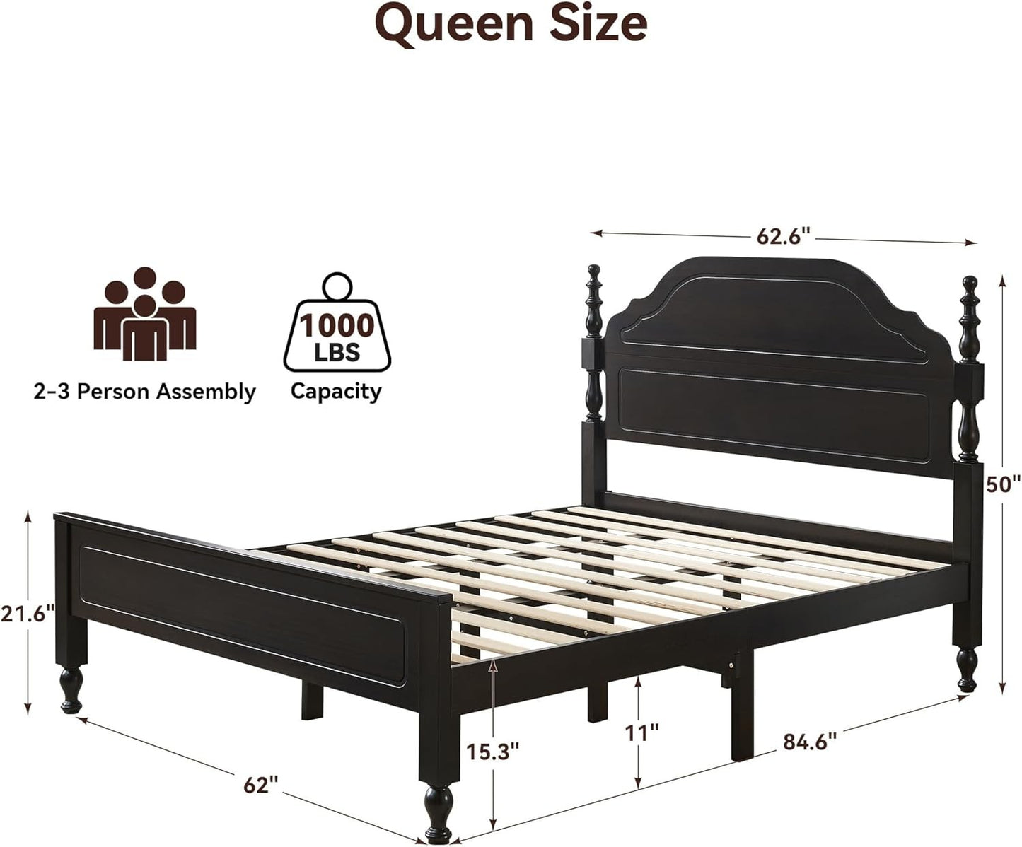 Solid Wood Queen Bed Frame, Stable & Sturdy Queen Size Bed Frame with 50" Tall Headboard and Footboard, Heavy Duty Wood