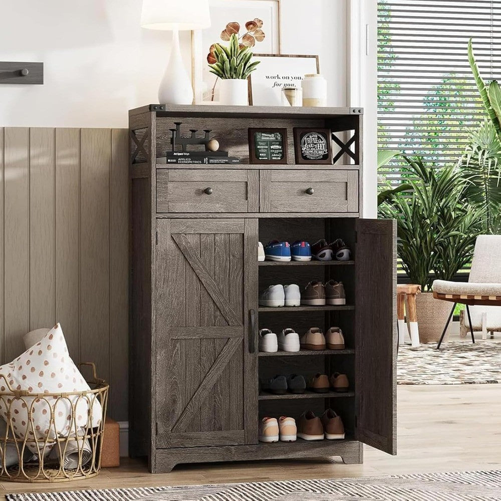 6-Tier Farmhouse Style Shoe Cabinet with Door and 2 Adjustable Shelves Drawers for Storage