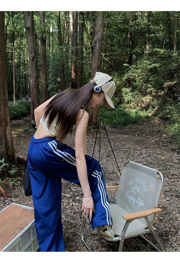 Women Casual Baggy Stripe Cargo Pants Solid Low Waist Joggers Pants Drawstring Wide Leg Baggy Trousers Y2K Streetwear Sweatpants