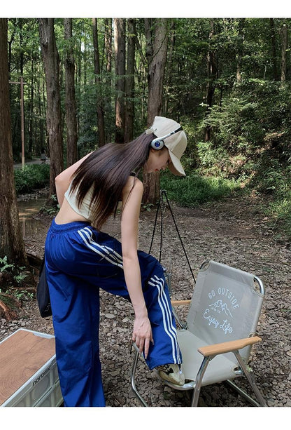 Women Casual Baggy Stripe Cargo Pants Solid Low Waist Joggers Pants Drawstring Wide Leg Baggy Trousers Y2K Streetwear Sweatpants