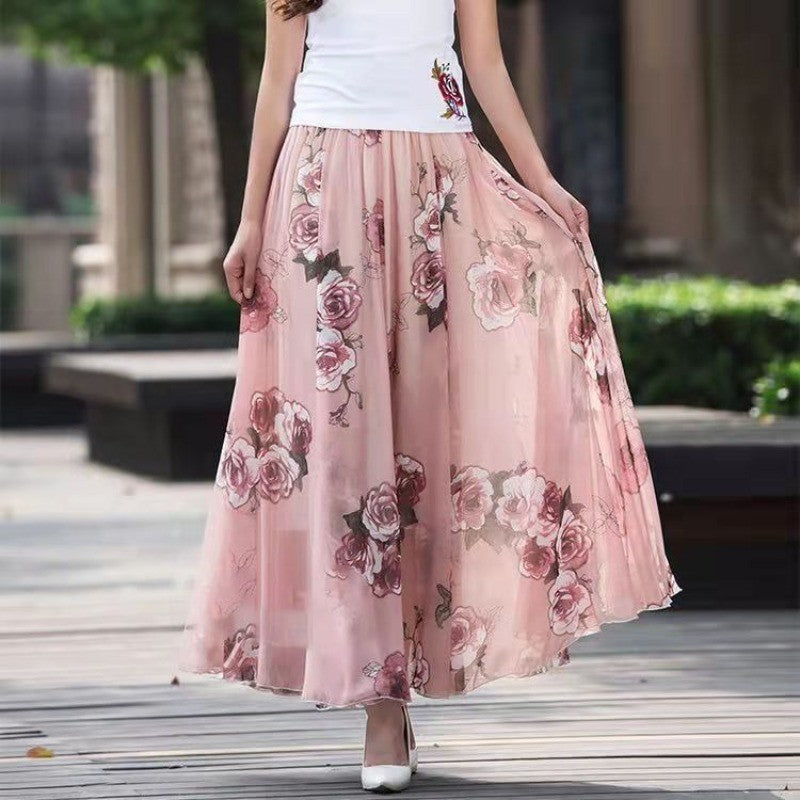 Chiffon Floral Maxi Summer Skirt Women Long High Waist Holiday Dance Skirt Elegant Beach Boho Hot Sale Lady Vintage Girl Fairy