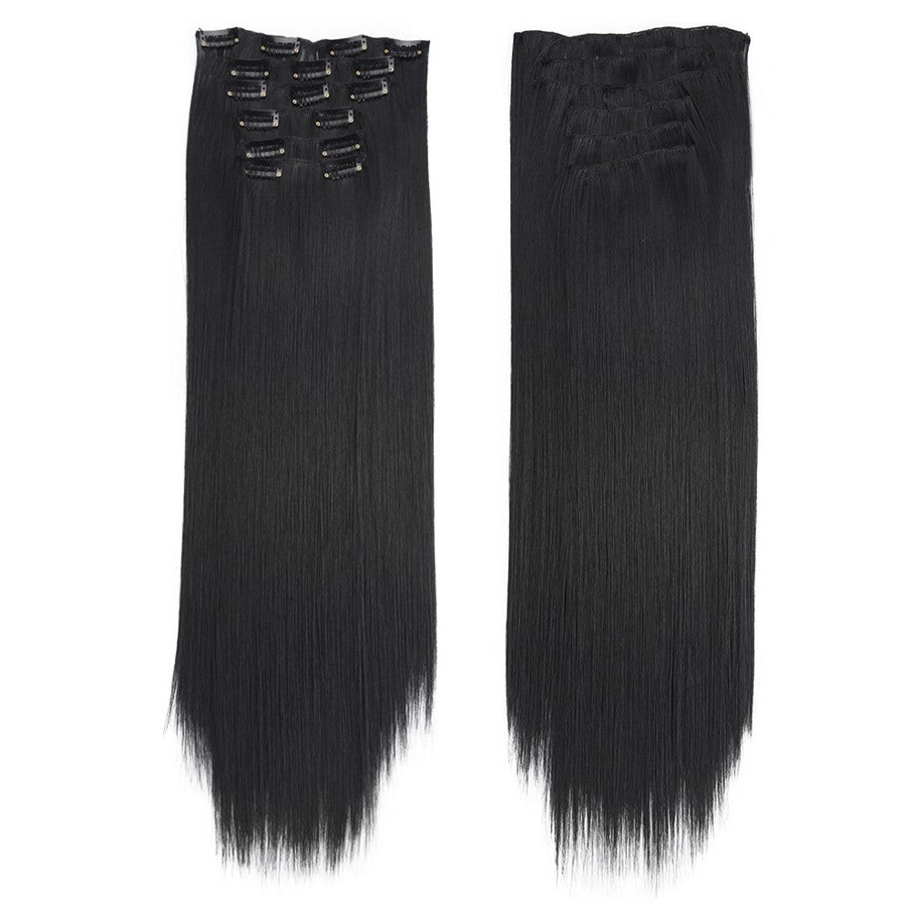 16 Presilhas em Apliques de Cabelo 60cm de Comprimento Liso Penteado Sintético Loiro Preto Perucas Resistente ao Calor Cabelo Falso 6Pçs/Conjunto