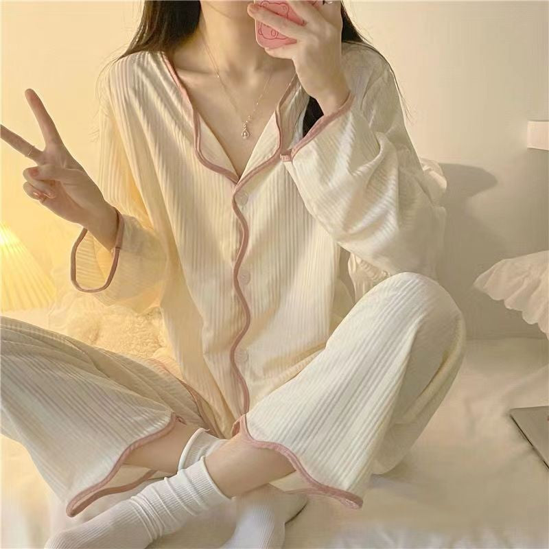 Ins style women's simple long sleeved long pants pajama set Spring/Autumn girl style solid color sweet cardigan home suit set
